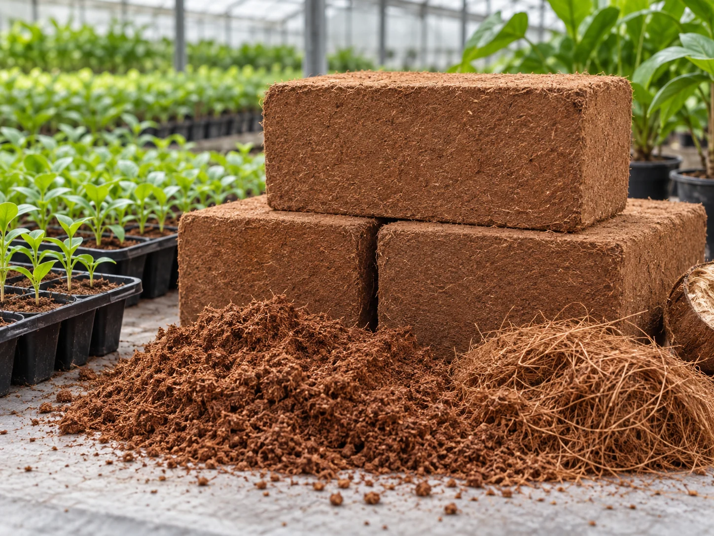Illustrative cocopeat blocks and loose coir in a greenhouse nursery
