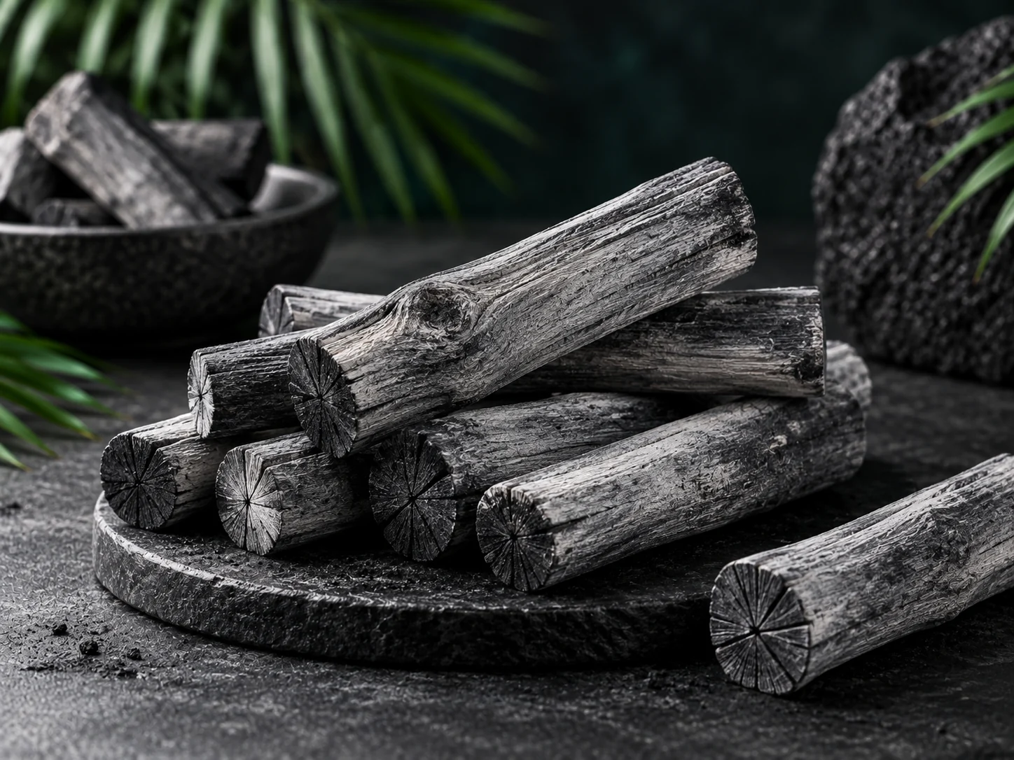 Illustrative visual of premium white charcoal / Binchotan-style grilling charcoal